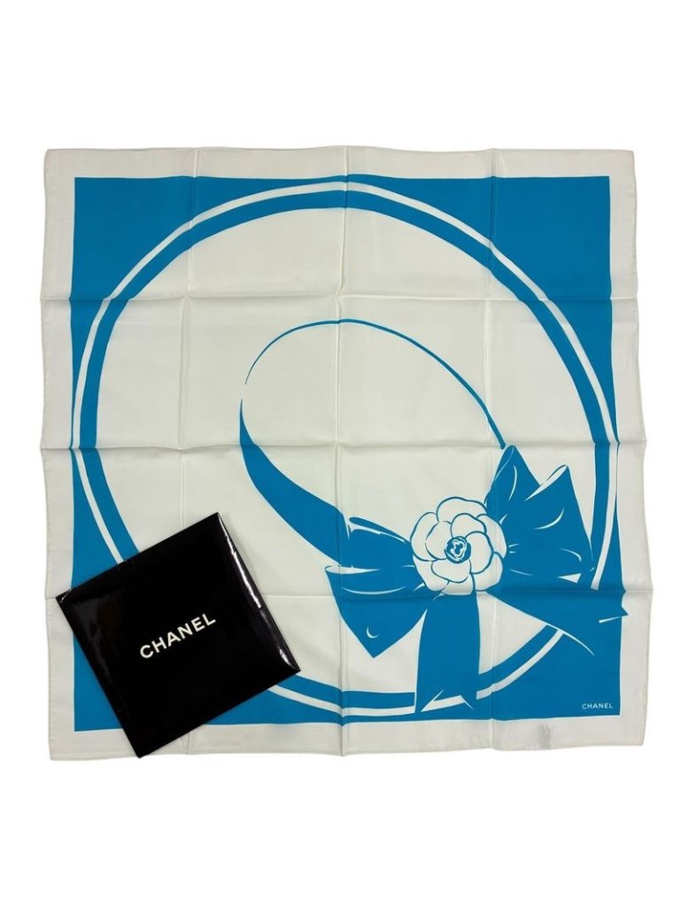 Chanel Large Scarf Cc Logo 100 Silk Blue White